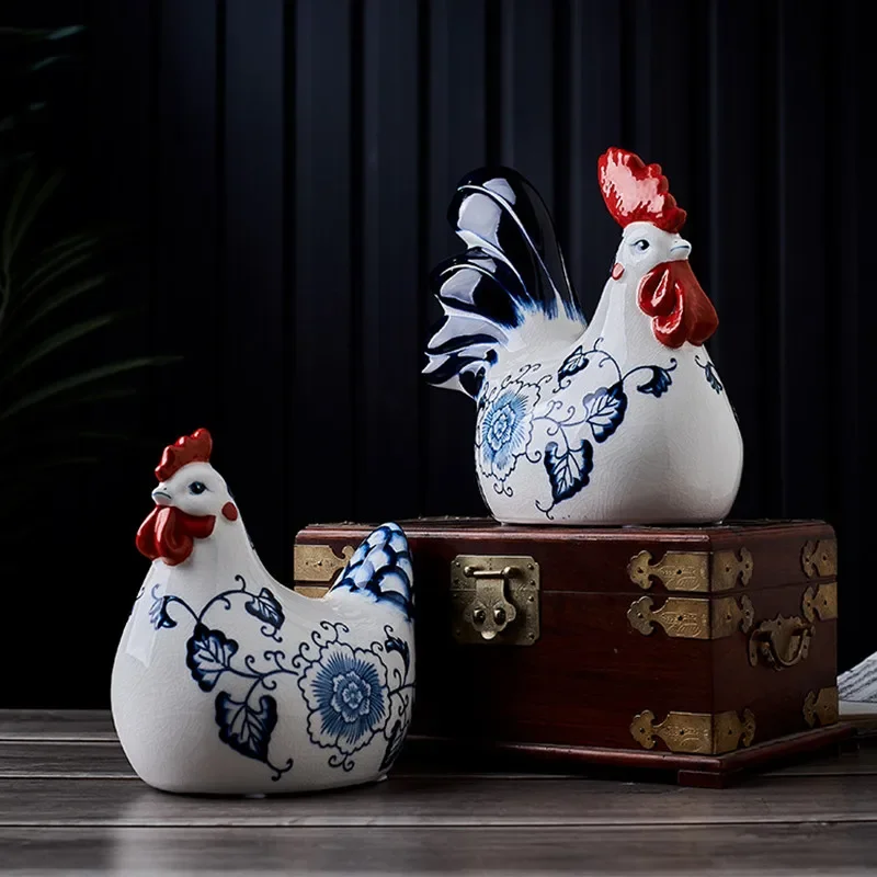 

Chinese Vintage Ceramic Craft Ornament Chicken Rooster Animal Sculpture Porcelain Decorative Figurines Home Accessories