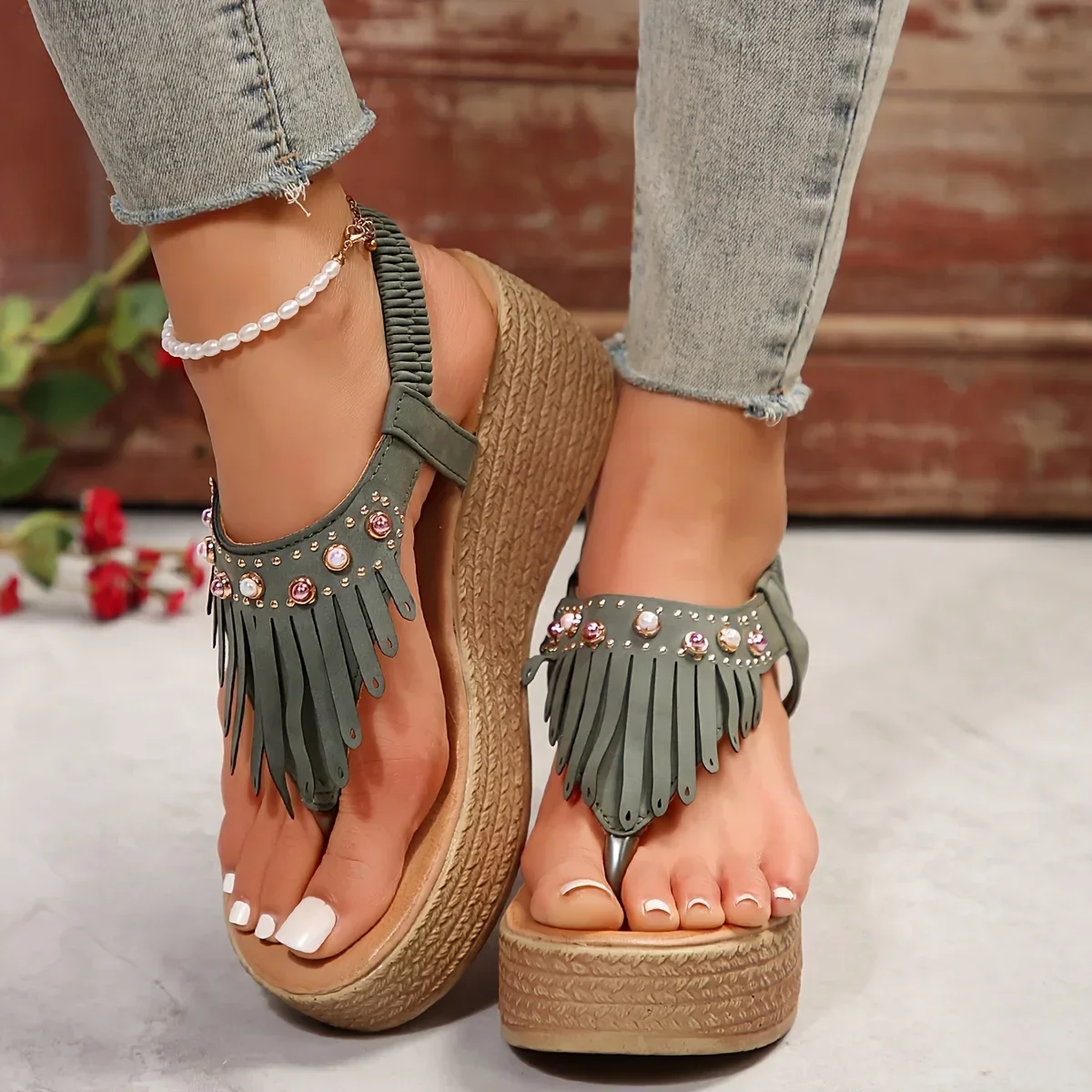 Women Wedges Sandals 2024 Summer Flip Flop Shoes Women Platform Shoes Bead Slip on Sandals Sexy Luxury Designer Sandals De Mujer