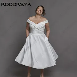 RODDRSYA Cetim Vestidos De Casamento A Linha 2024 Fora Do Ombro Lace Up V-Neck Simples Cetim A linha de vestidos de casamento 2024 Off Shoulder Lace Up V-Neck Simples Civil Bridal Gowns Tea-Length