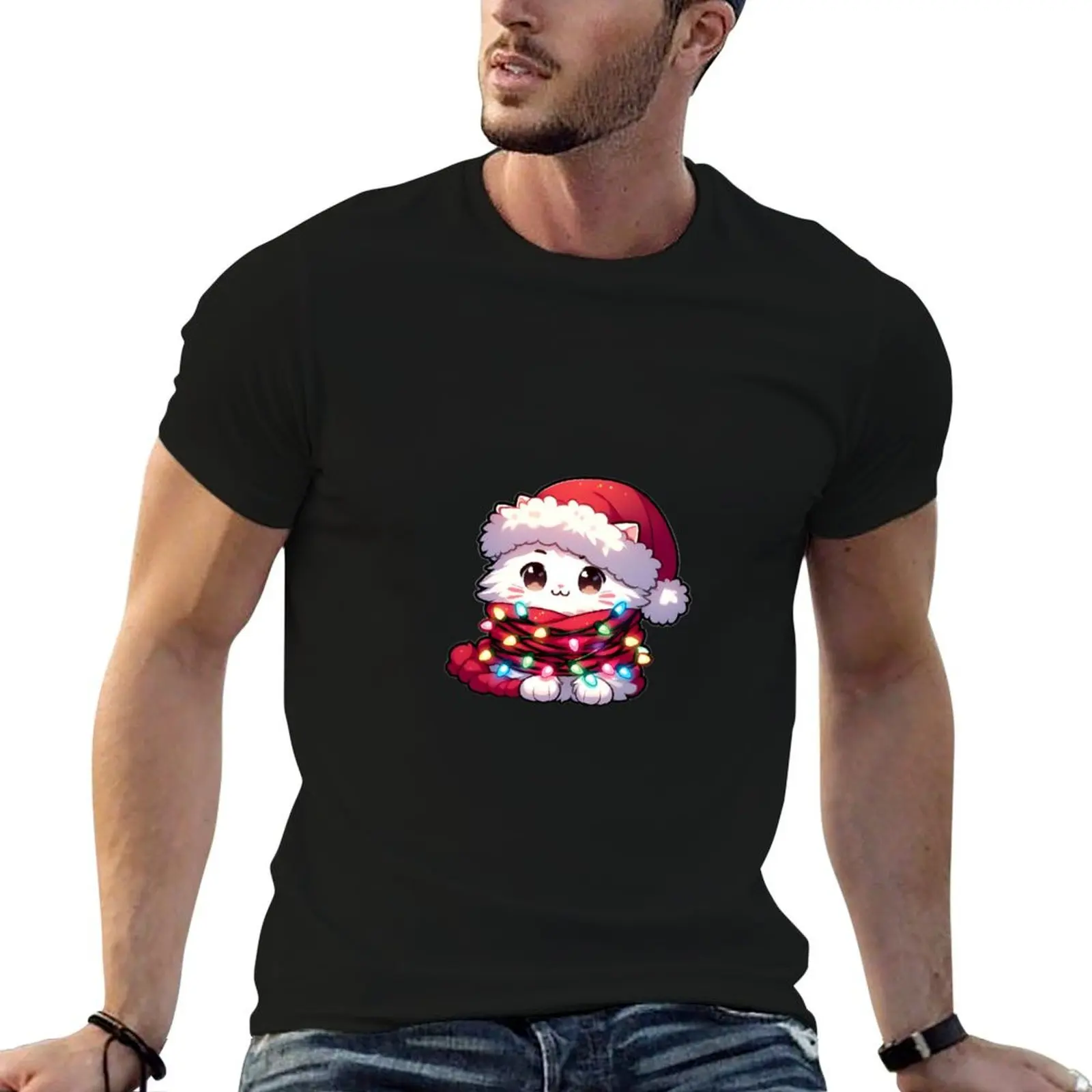 Luminoso Felino Finesse: camiseta con luces de árbol de Navidad de gato blanco, ropa estética de tallas grandes, camiseta de anime para hombre