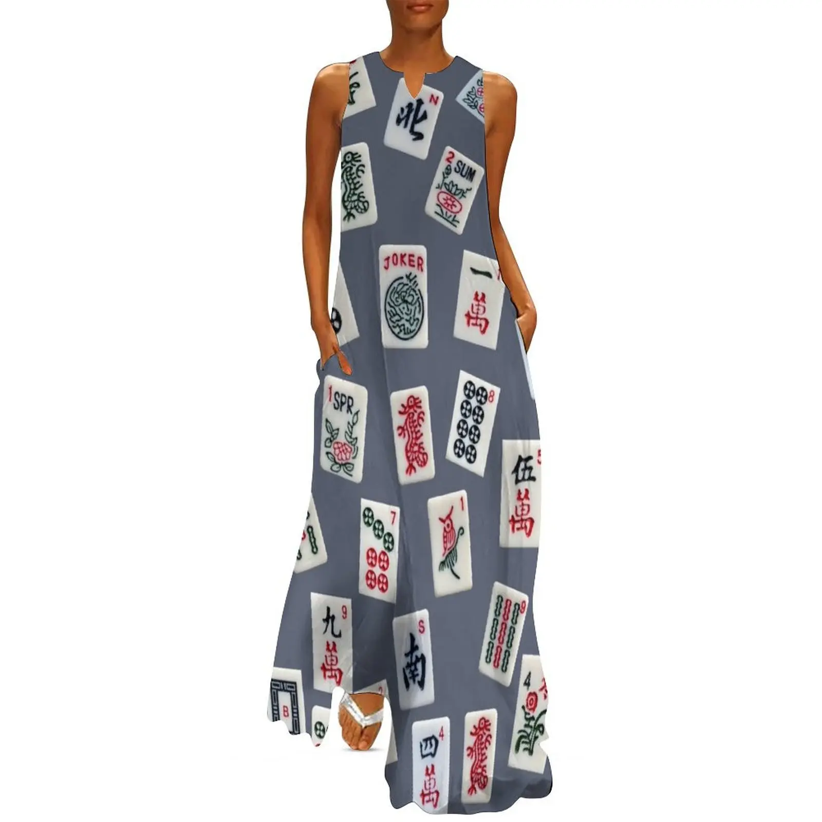 Mahjongg game tiles design on blue color Long Dress dress women summer 2025 woman dress