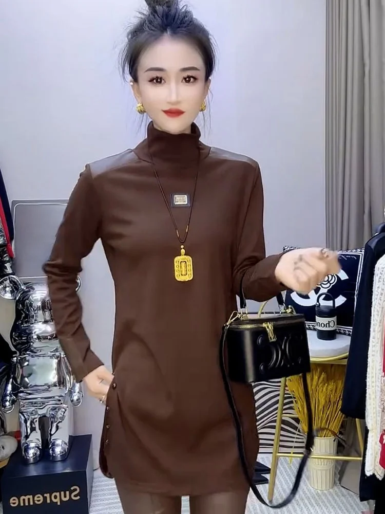 Slim Fit Midi High Collar Women's Base irt Faionable Ele Versatile Autumn Winter New Arrival Button Detail Long Sv...