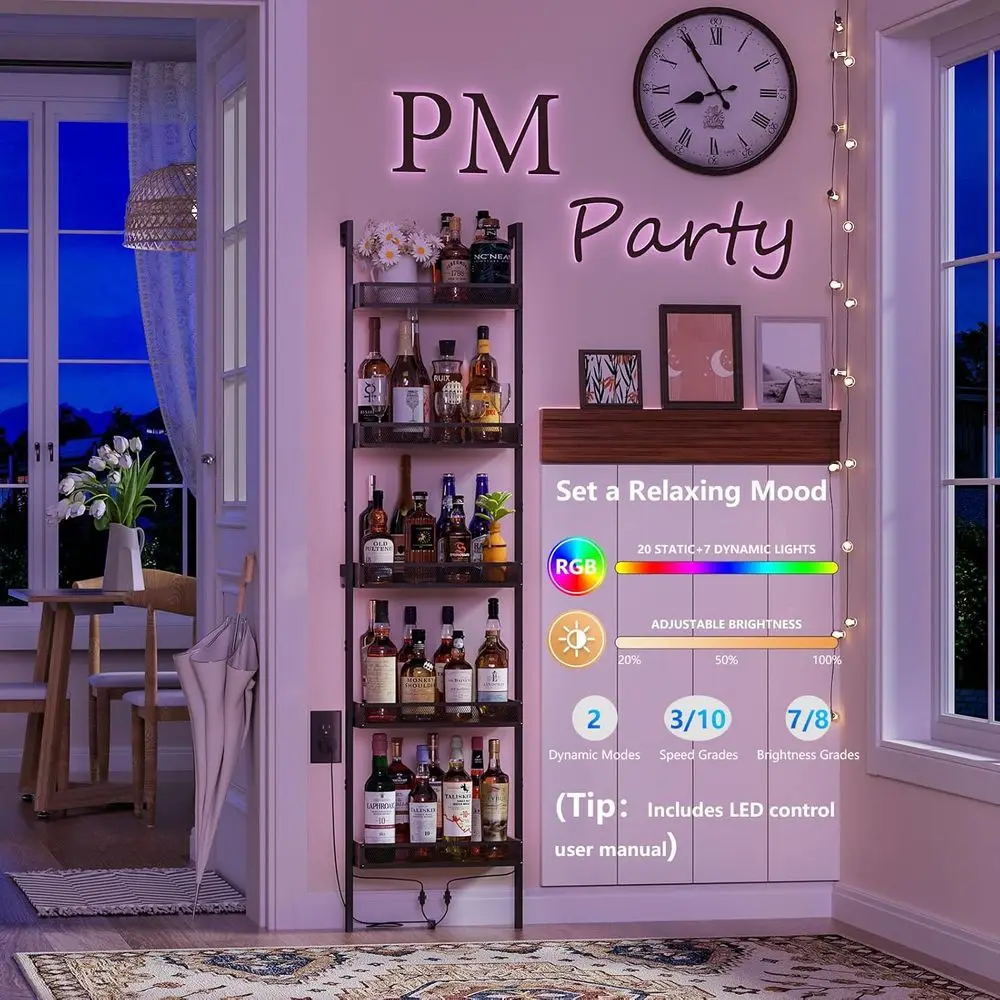 Wine Rack de pared para 50 botellas con vallas, luces LED, ideal para cocina, comedor y bar, 17,28 L x 7,95 L x 68,5 H