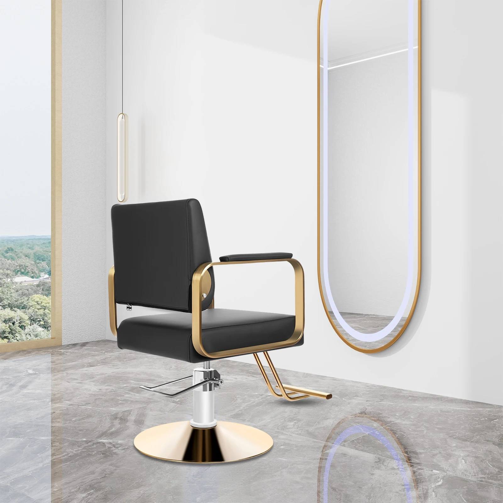 

360 ° Поворотное кресло стилиста с золотой рамой и черной кожаной обивкой, грузоподъемность 200 кг, мебель для салона красоты/парикмахерской