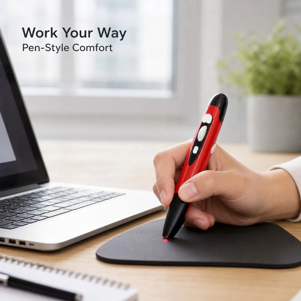 2.4GHz Wireless Pen Mouse 800/1200/1600 DPI Ergonomic Handheld Optical Mouse with USB Receiver Stand for Laptop PC Office Travel