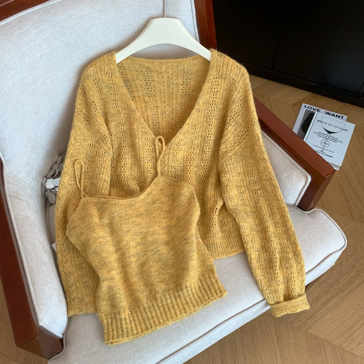 Women's Yellow Pullover Sweater with Vest Vintage Y2k Jumper Knit V-Neck Long Sleeves Cashmere Sweater Autumn 2000s Clothes 2025