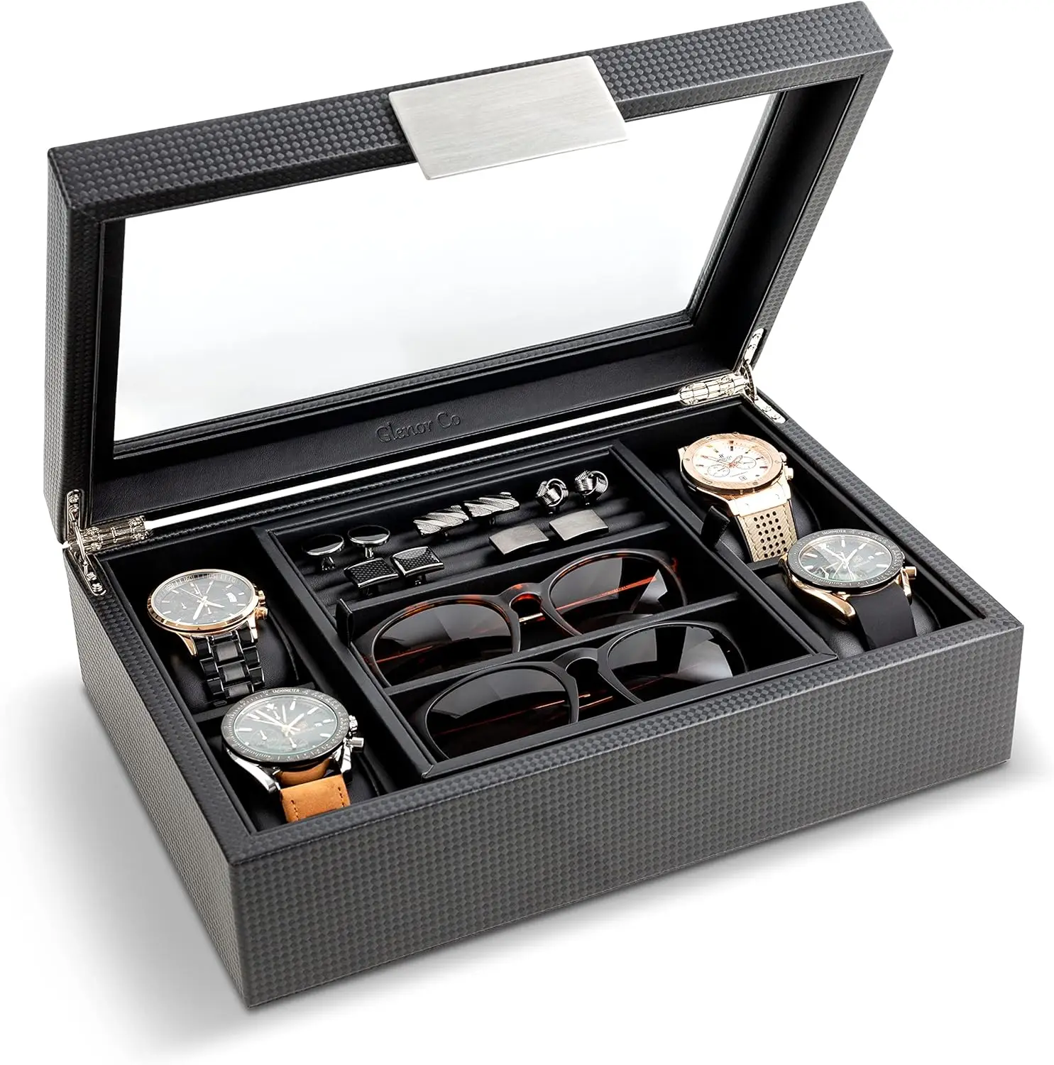 Co Valet Joyero para hombre - Con capacidad para 4 relojes, 12 gemelos, 2 gafas de sol - Fibra de carbono y detalles metálicos, cuero PU, vidrio grande
