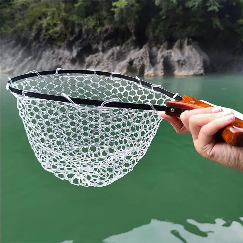 Portable Solid Wood Handle Fly Fishing Hand Net Fly Fishing Stream Net Fishing Lures Net Outdoor Collapsible Stream Fishing Net