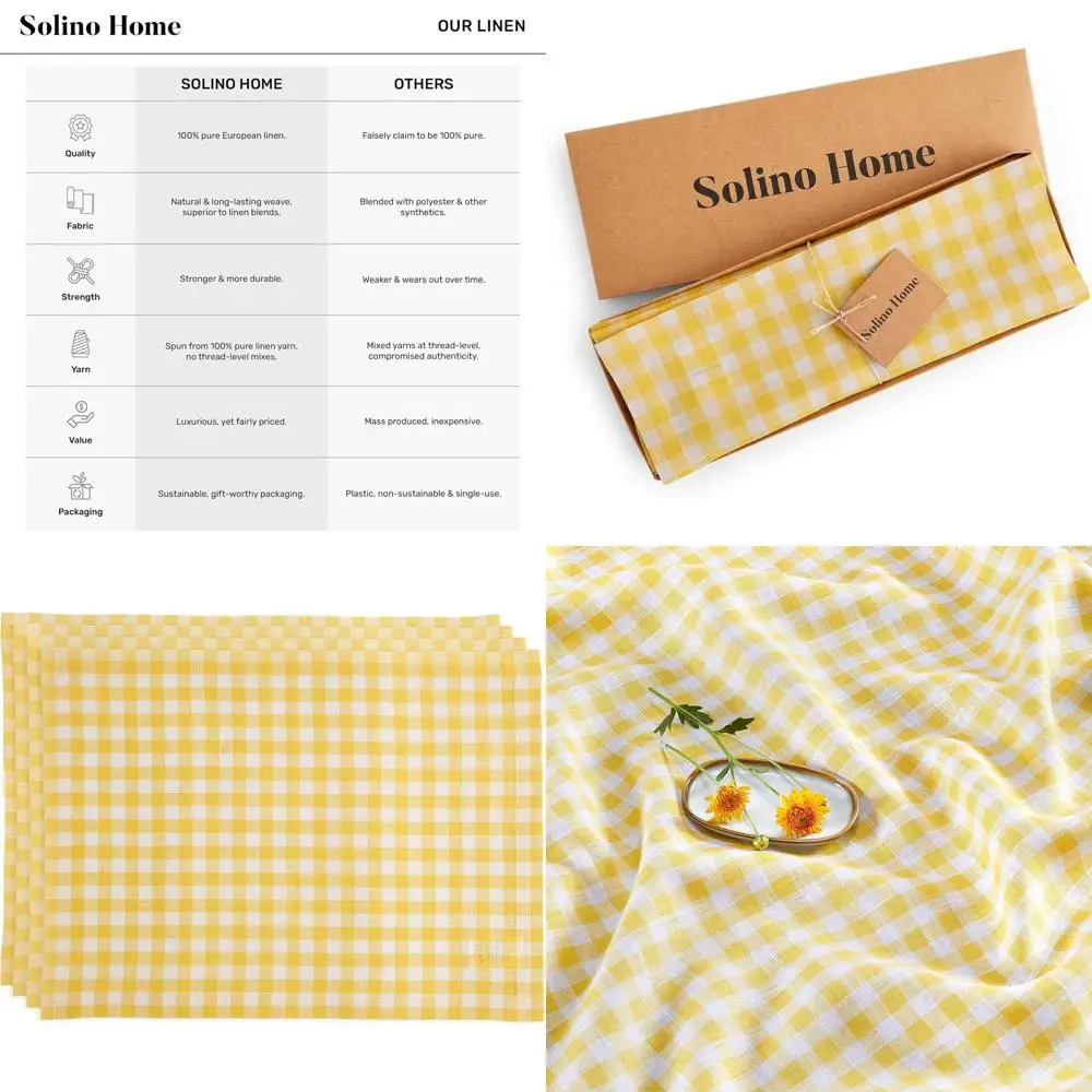 

Set of 4 Pure Linen Gingham Placemats - Marigold Yellow, 14x19 Inches