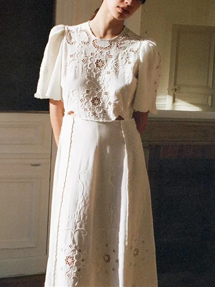 

Embroidery Hollow Out Women A-Line Midi Dress Solid Color Cotton Linen Blend Short Sleeve O-Neck Casual 2024 New Female Robe