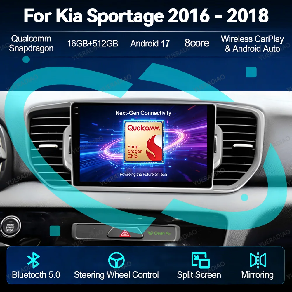 Android 17 Car Radio For KIA Sportage 4 KX5 2016 2017 2018 Carplay Auto Qualcomm Double Din BT Mirror Link DVD GPS NAVI SWC 2DIN