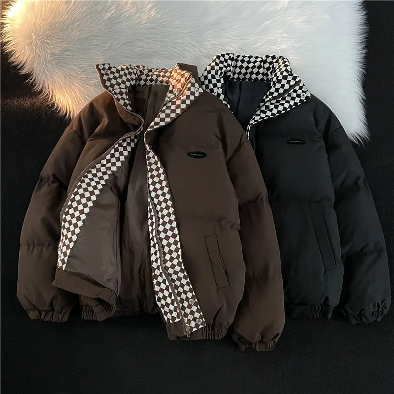 

Loose Fit Cotton Jaet Men's Autumn Winter Stand Collar Bread Sle Plaid Pattern Youth Casual Thiened Cleanfit Sle