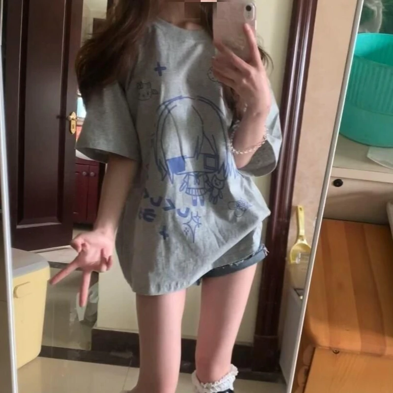 

HOUZHOU Kawaii Gray Anime T-shirts Women Short Sleeve Cotton T-shirts Oversized Casual Japanese Style Graphic Tops Cutecore
