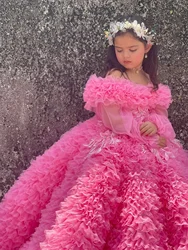 Customized Pink Flower Girl Dresses for Wedding Crystal Off the Shoulder First Communion Kids Birthday Party Gown Party Dress