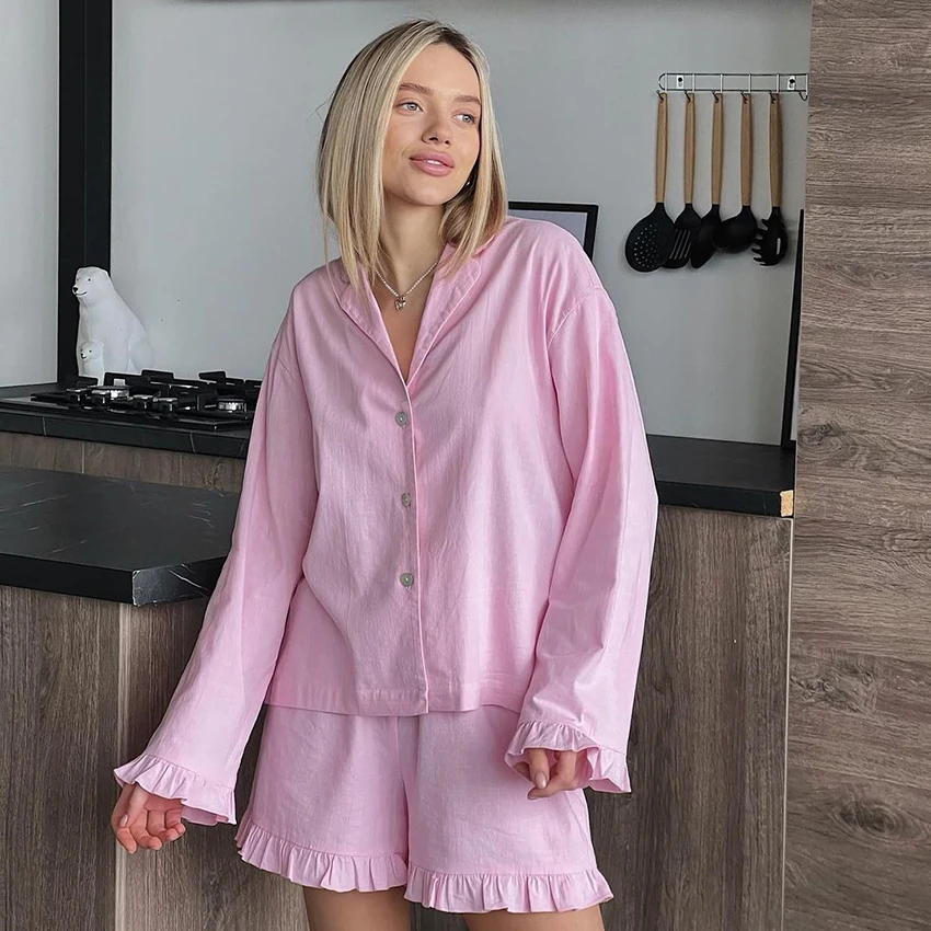 HiLoc Pink Casual Woven Inelastic Women'S Pajamas Two-Piece Long Sleeve Lapel Single-Breasted Top Elastic Waist Shorts 2026 Fall