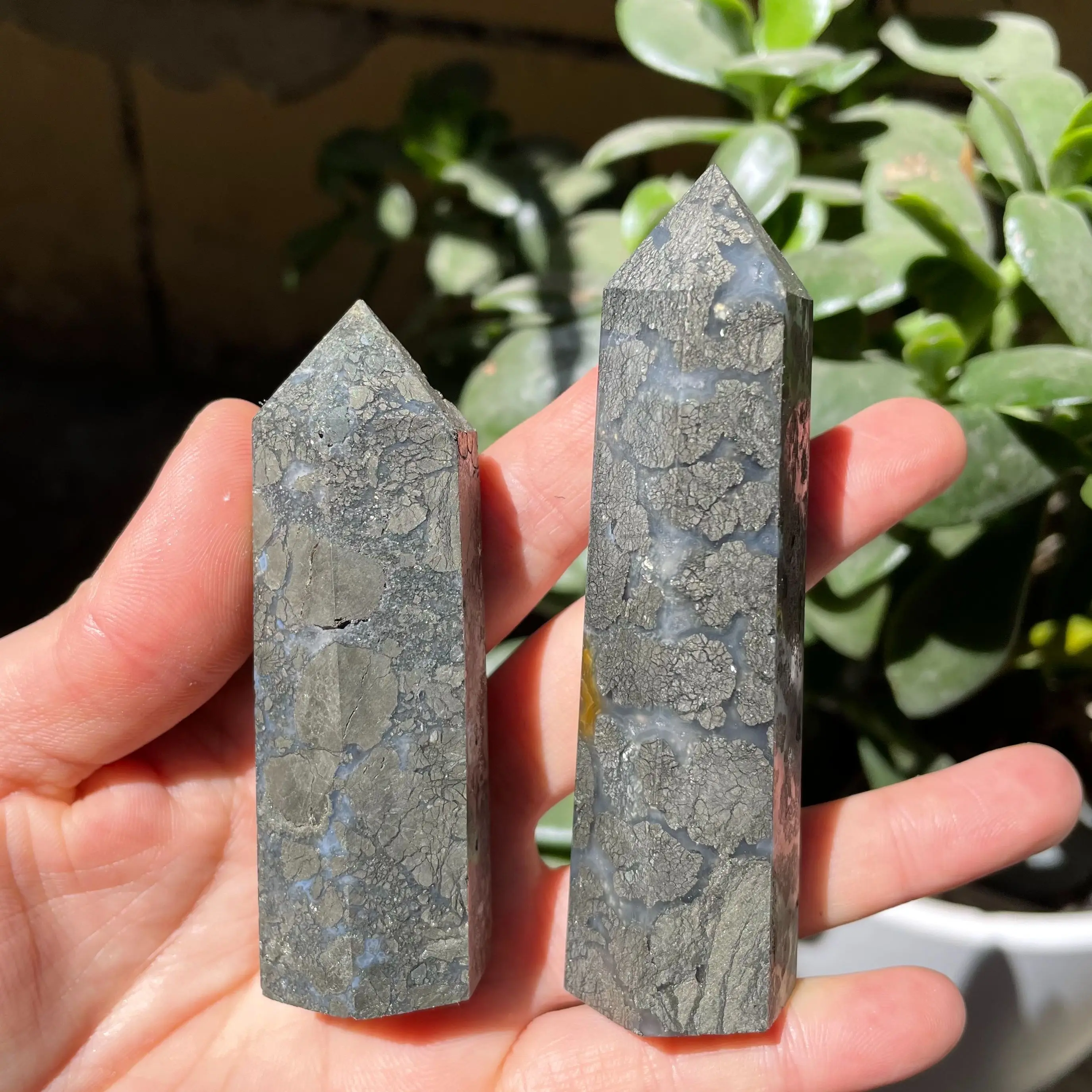 11cmNatural Agate and pyrite associated pyrite Obelisk Pyrite Quartz Wand Beautiful Ornament for Home Decor Energy Stone Pyramid