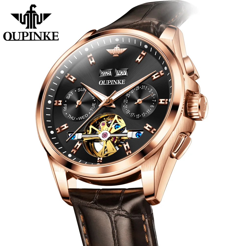 OUPINKE Official Watch Men Brown Leather Strap 50M Waterproof Tourbillon Design Multifunctional Dial Automatic Mechanical Watch