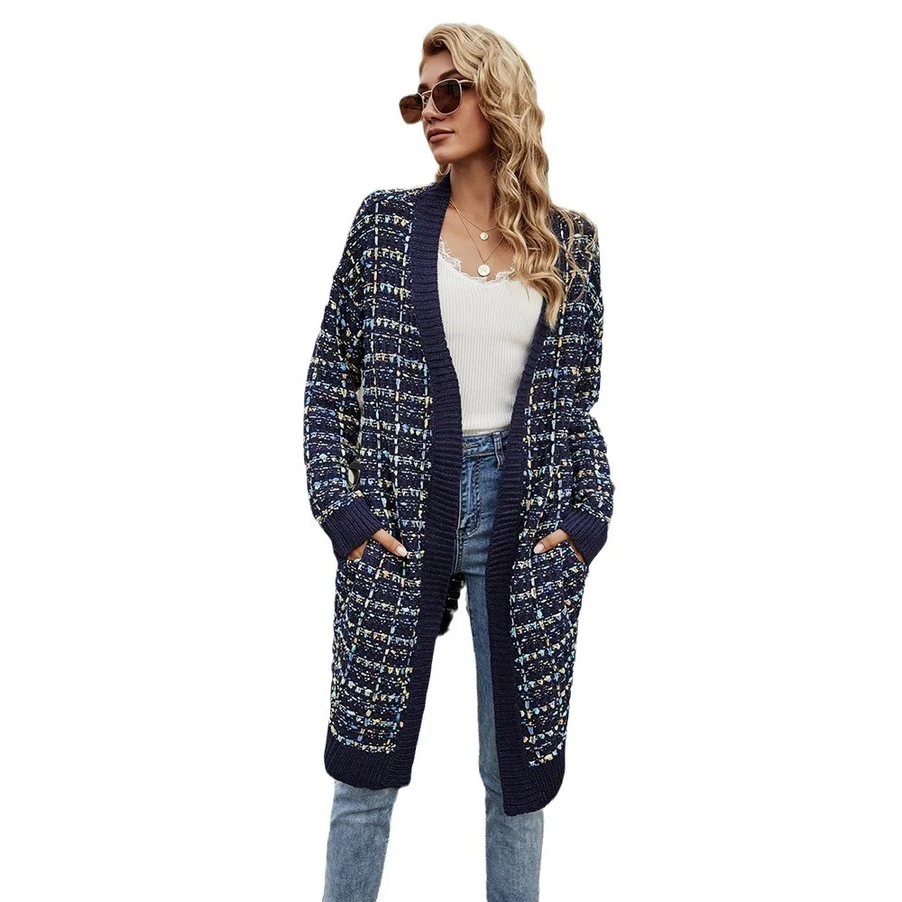 Strick pullover Frauen Strickjacke mittellange Mäntel Plaid Print Mantel voller Ärmel elegante Spleiß Herbst Winter offener Stich