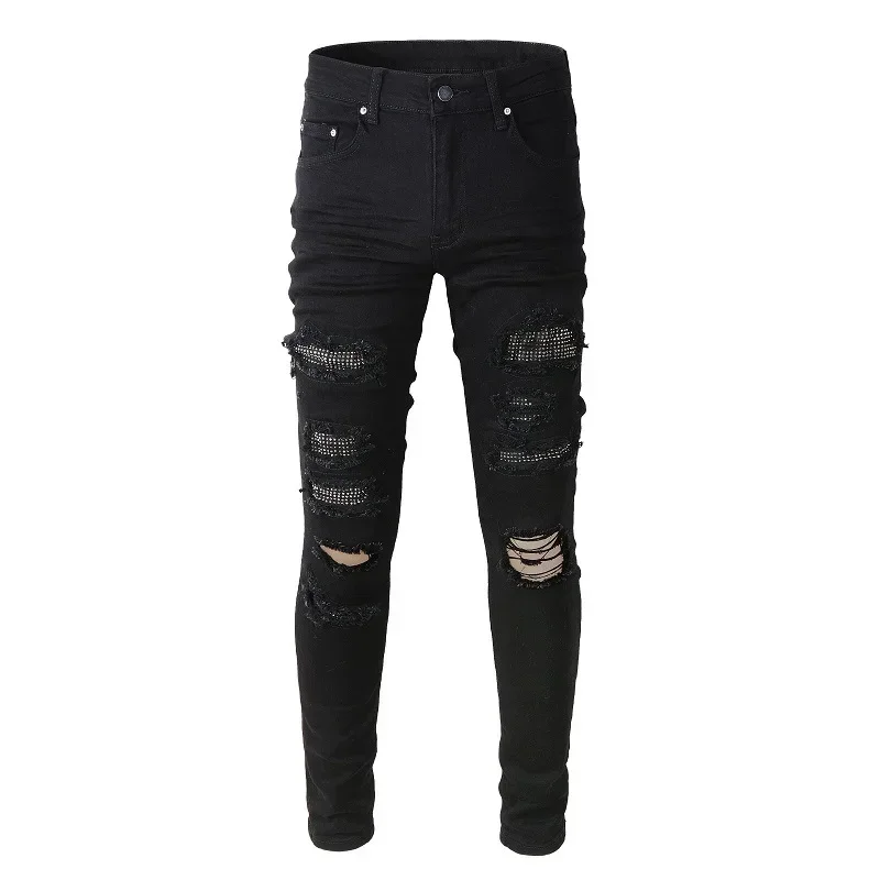 European and American Individuality High Street Fashion Trendy Men Jeans, Ripped Diamond-Studded Slim Fit Elastic Slimming Jeans