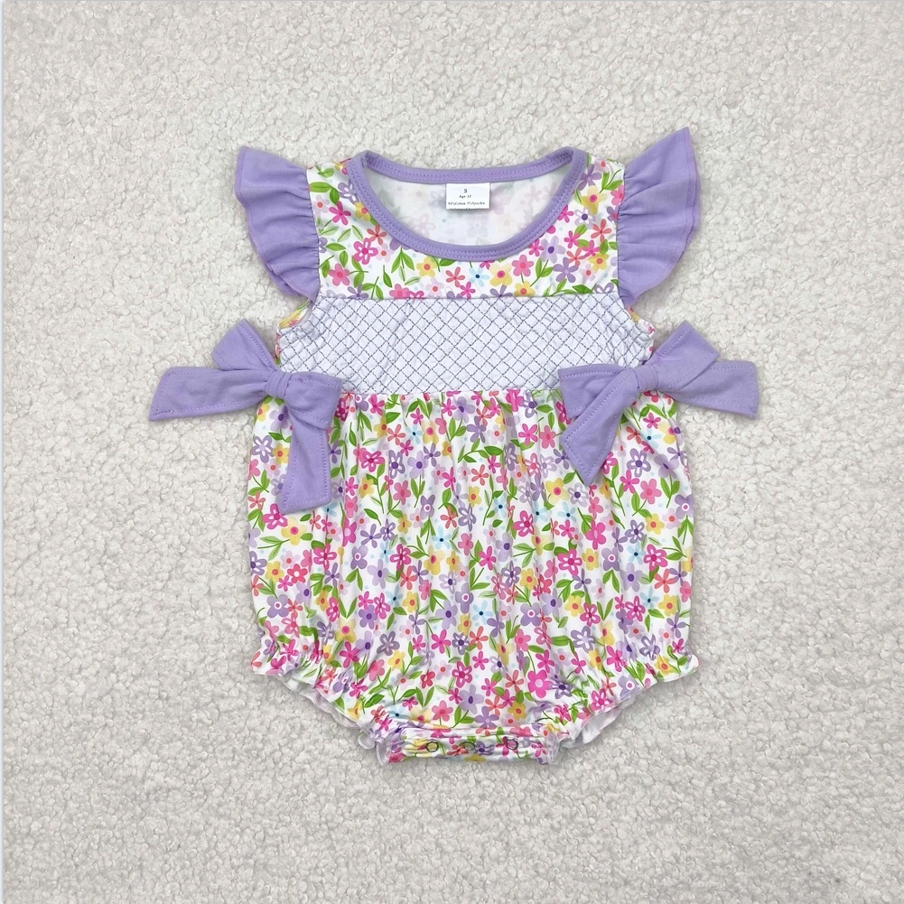 

New Fashion Baby Infant Girls Summer Bodysuit Embroidery Baby Infant Girls Lavender Flutter Sleeve Floral Bows Top Ruffle Romper