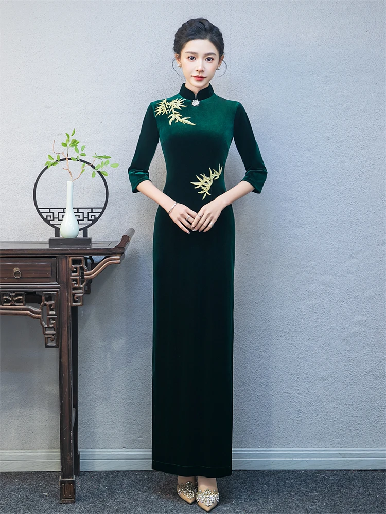 

Элегантный длинный бархатный костюм для выступлений, облегающий, для молодежных церемоний, в стиле винтаж, с вышивкой, с высоким разрезом, теплый