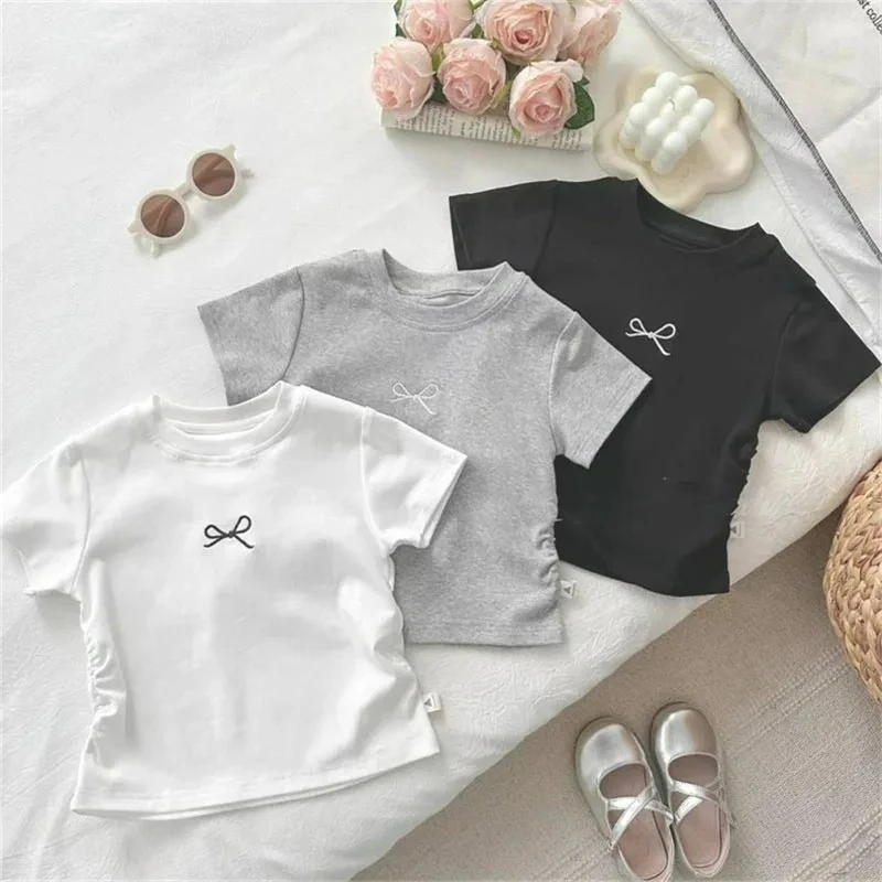 

Korean Summer Bowknot Casual Short Sleeve T-shirts for Kids 0-12 Years Cotton Toddler Girl Tops Baby Girls Tees Students Clothes