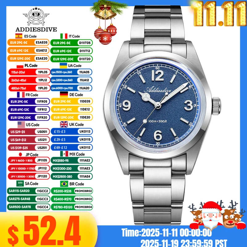 

ADDIESDIVE AD2518 36mm Men's Fashion Watch 10Bar Diver Bubble Mirror Glass 316L Stainless Steel Quartz Watches Relogio Masculino