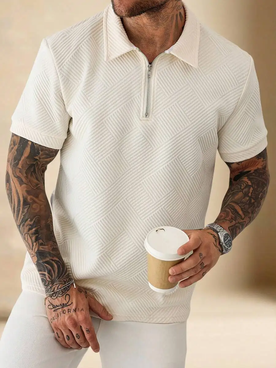 

Men's Textured Geometric Pattern Zipper Polo Shirt - Short Sleeve Casual Top
