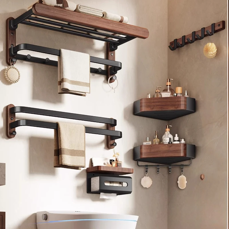 

High-end Walnut Bathroom Towel Rack No Punching Bathroom Rack Premium Sense