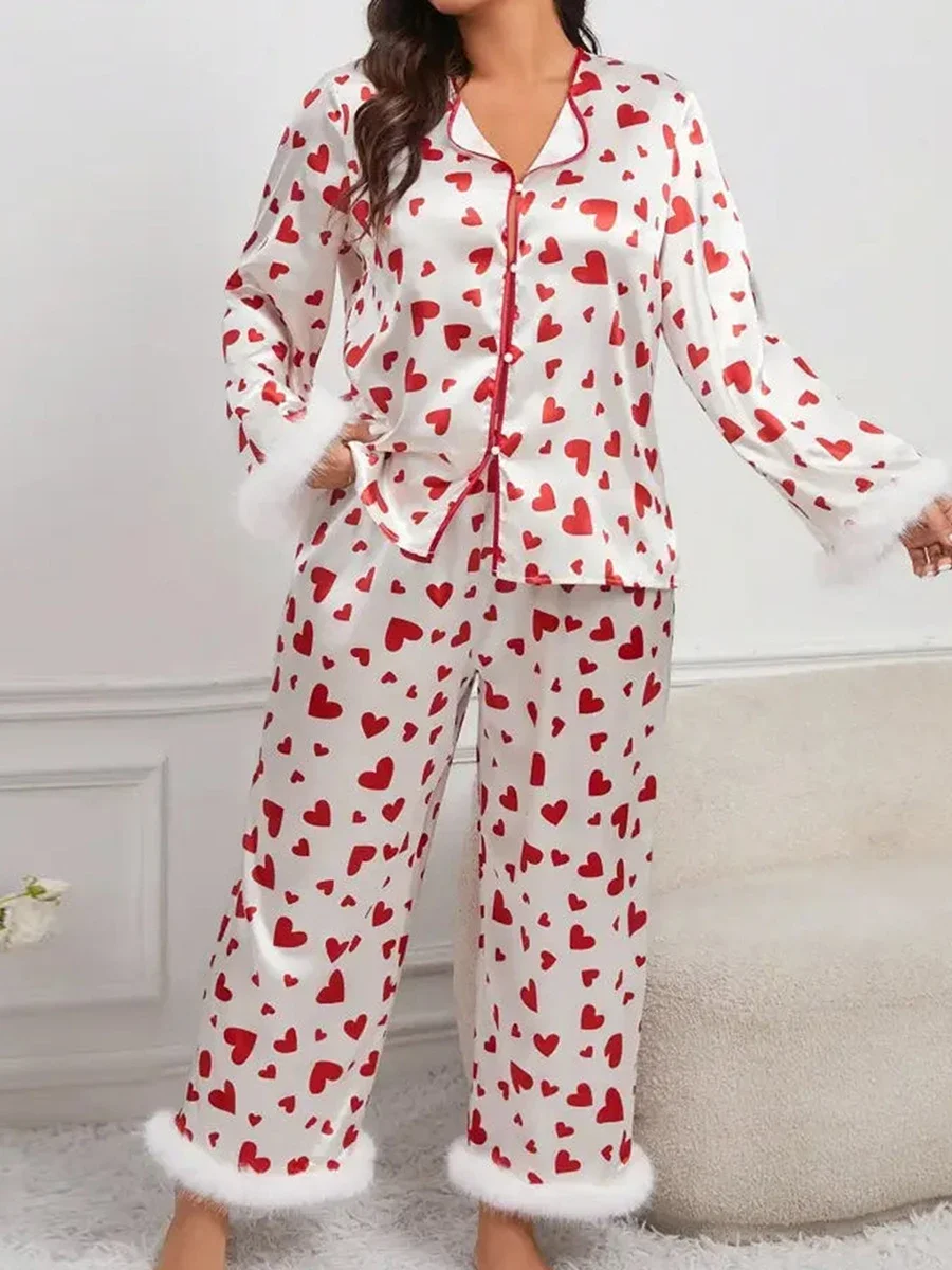 Valentine's Day Red Heart Print 2Pcs Pajama Set Women White Raw Edge Cuffs Lapel Long Sleeve Button Tops Elastic Waist Trousers