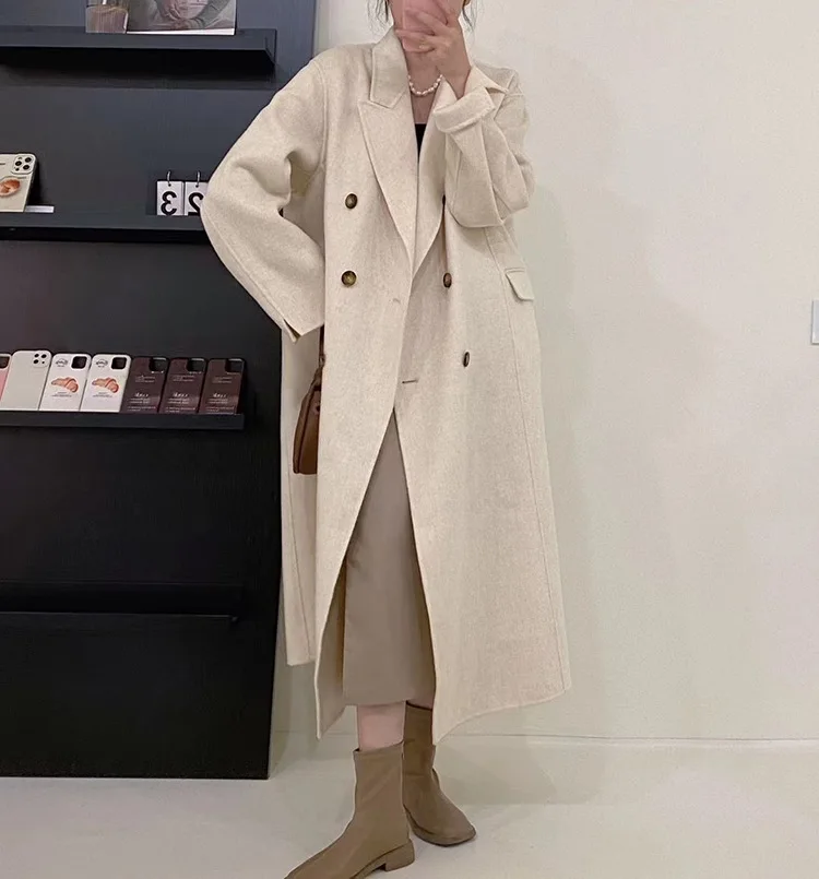 2023 Autumn Women Drouble Breasted Woolen Coat Turn Down Collar Cashmere Winter Clothes Long Coats Tops New