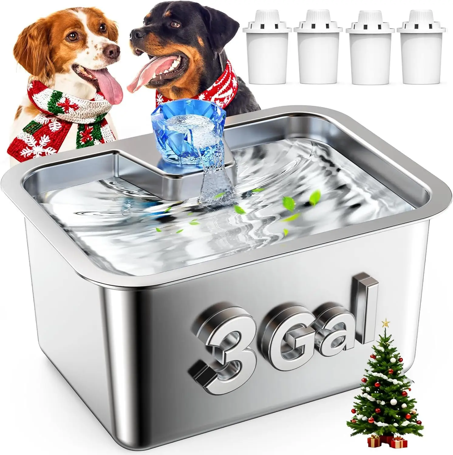 

Extra Large 3 Gallon Stainless Steel Dog Water Fountain with Filter, Automatic Dispenser for Multiple Pets, Quiet Pump