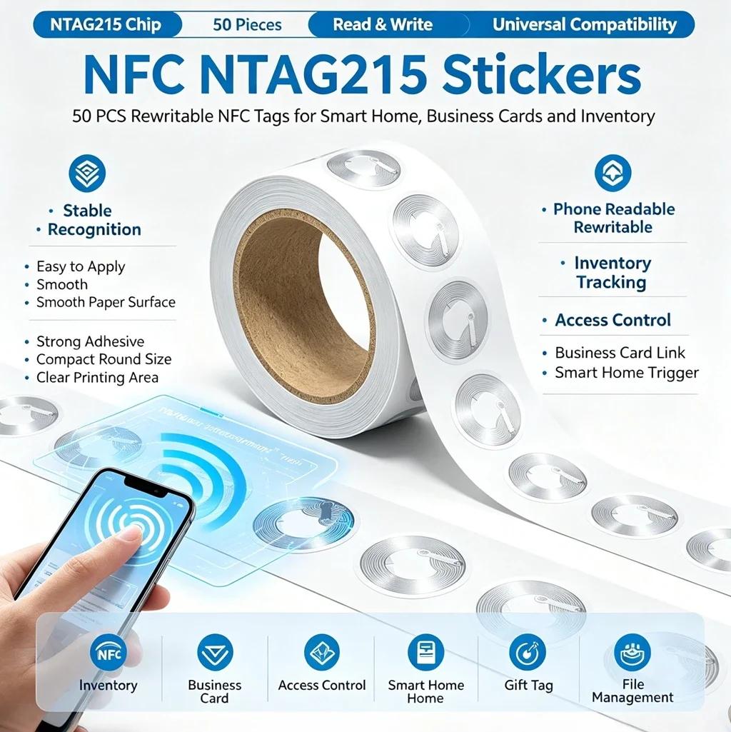 100PCS NTAG215 NFC Sticker Tags 504 Byte Blank Rewritable Adhesive Labels, Universal for All NFC Enabled Mobile Phones