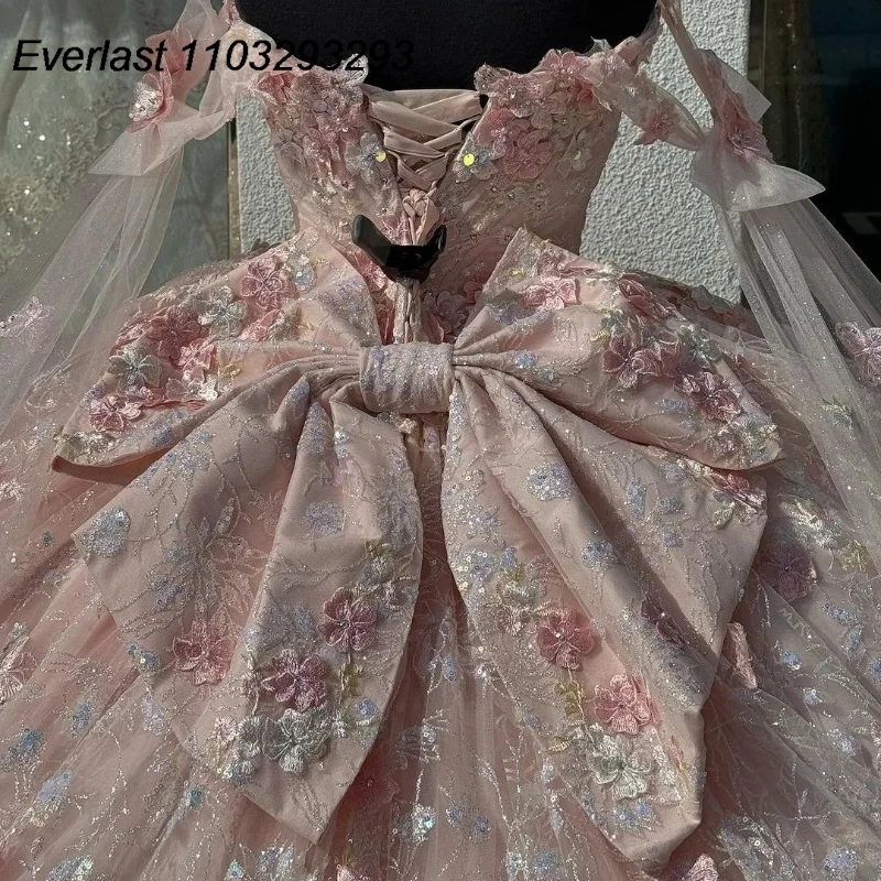 EVLAST-Vestido De quinceañera rosa brillante, 3D Apliques De encaje con flores, tul con capa, lazo, dulce 16, 15 Años, TQD282