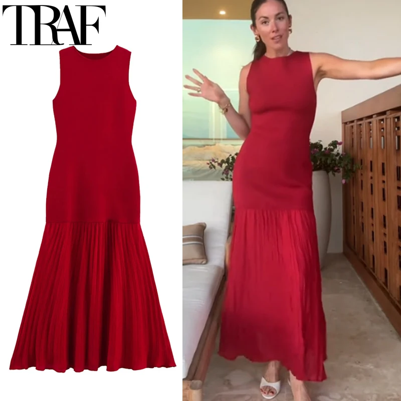 

TRAF Sleeveless Knitted Dresses 2025 Woman Patchwork Pleated Red Dress Summer Elegant Women's Dresses Fitted Maxi Dress 088