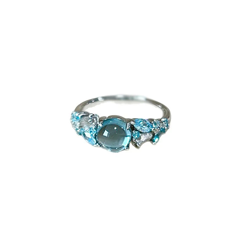 Fresh sea blue crystal rings for women palace style Ice transparent glass texture high-end ring adjustable party jewelry gift - view 6