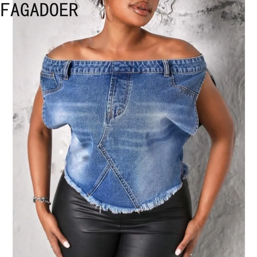 

FAGADOER Blue Denim Off Shoulder Slim Tops Women Backless Shorts Sleeve Pocket Jean Jacket Vest Fashion Cowboy Streetwear 2024