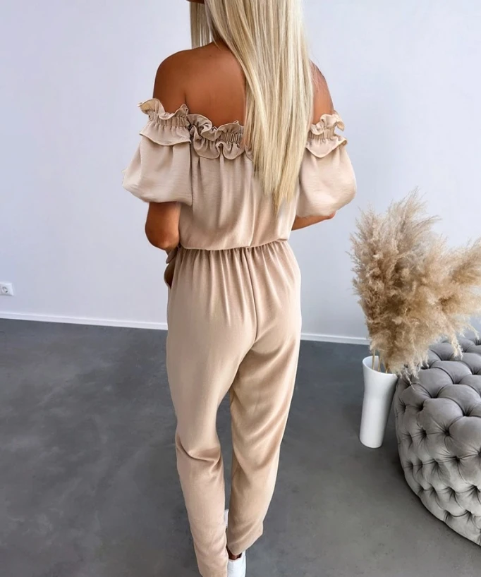 Casual Overall for Women 2024 Summer Puff Sleeve Plain Slash Collar Off Shoulder Frill Hem Tied Detail High Waist Jumpsuit