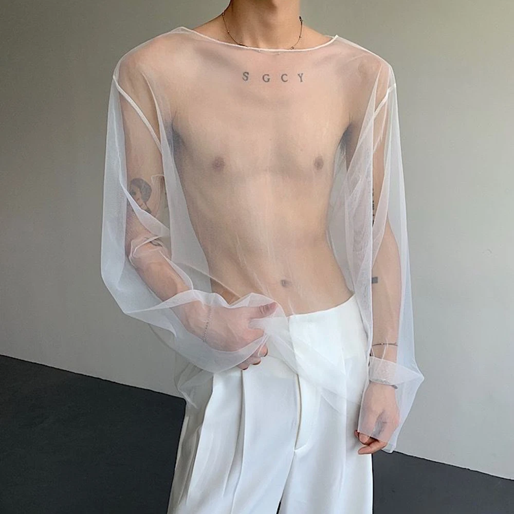 Mens Plain See Through Sexy Mesh Summer Fashion Gay Boys Transparent Youth Unique Lgbt Long Sleeve Top Men'S Clothing 2026 New