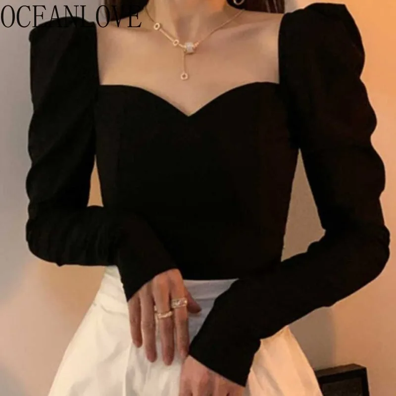 OCEANLOVE maglietta nera con collo quadrato per donna primavera autunno moda coreana elegante Ropa De Mujer Vintage Camisetas semplice