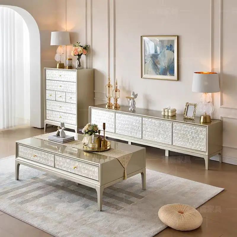 *& American Light Luxury Shell Style Solid Wood Coffee Table TV Cabinet Multifunctional Living Room Storage Home Furniture