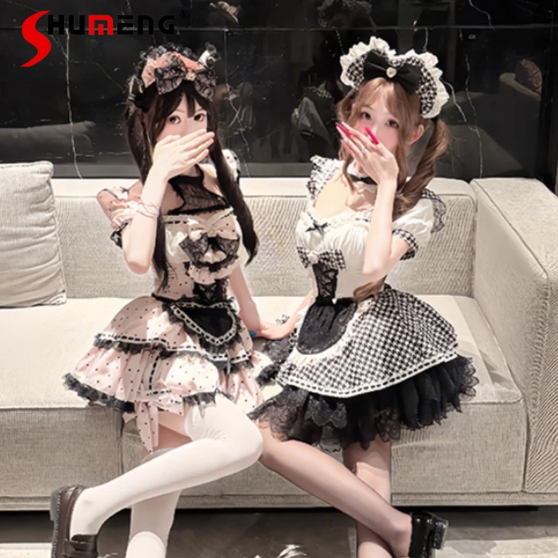 

Japanese Rojita Sweet Houndstooth Pure Desire Uniform Maid Dresses Hot Girl High-waisted Vestidos Y2k Kawaii Holiday Party Dress