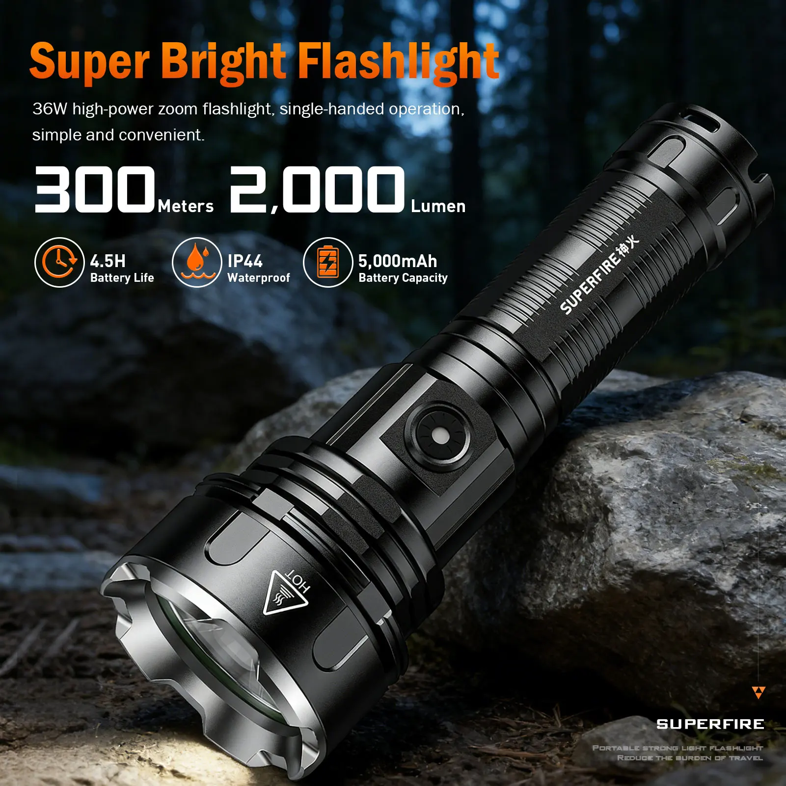 SUPERFIRE R3 Super Bright Flashlight Powerful 36W 2000LM Type-C Rechargeable Torch Waterproof  Light Outdoor Camping Lantern