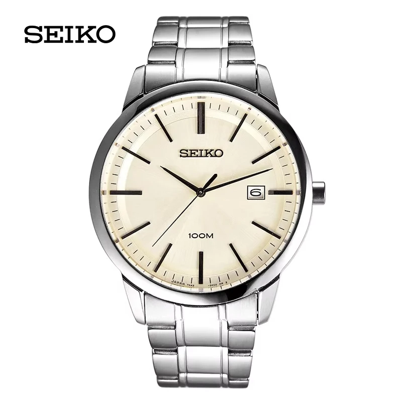 Seiko Quartz Stone Men's Watch Japan Original Black Dial Cowhide Wrist Strap 10 Bar Waterproof Folding Buckle Sur213p1