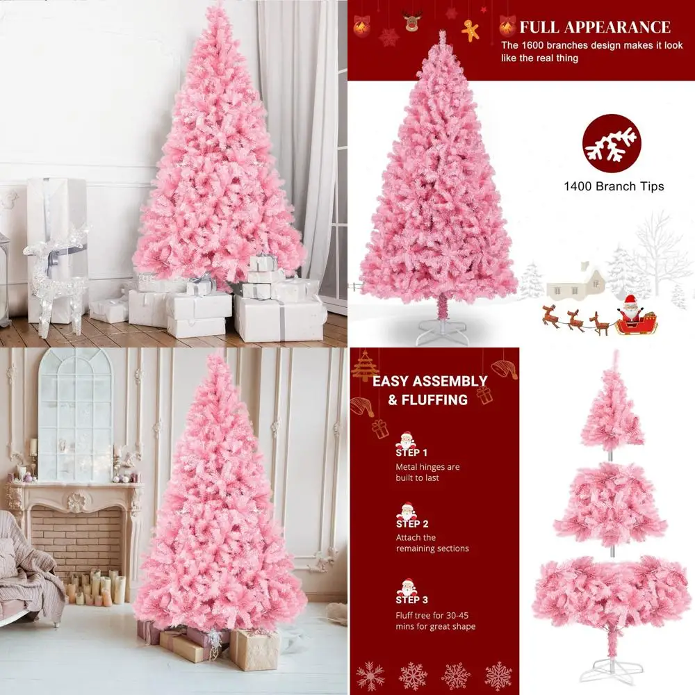 

Розовая искусственная рождественская елка высотой 7 футов с 14000 насадками для ветвей, прочная металлическая подставка, подходит для использования в помещении и на открытом воздухе, неосвещенная