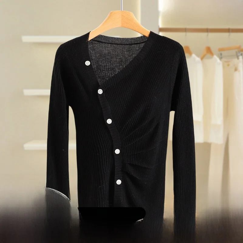 

Вязаный кардиган Yao 326 из шерстяной смеси с V-образным вырезом и косыми пуговицами, женский, весенний, модный, теплый, приталенный, с длинным рукавом