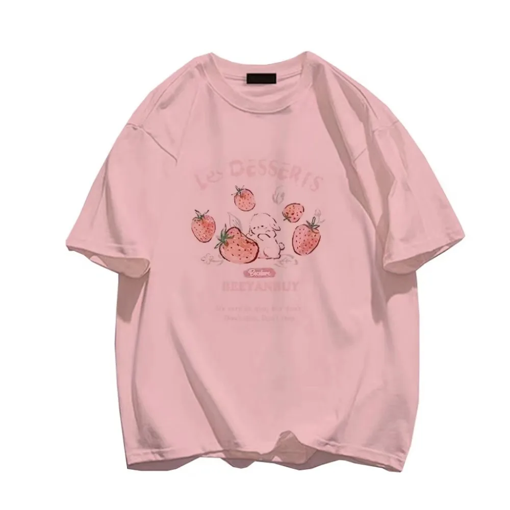 Y2k Summer New Cartoon Strawberry Rabbit T-shirt Harajuku Short-sleeved Loose Plus Size Top, Women All Match Casual T-shirt