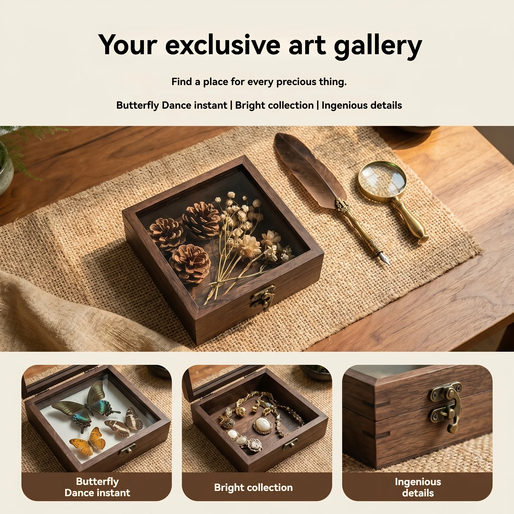 Vintage Wooden Storage Box Desktop Jewelry Bracelet Figurine Independent Flip-Top Storage Box Transparent Display Box for Collec