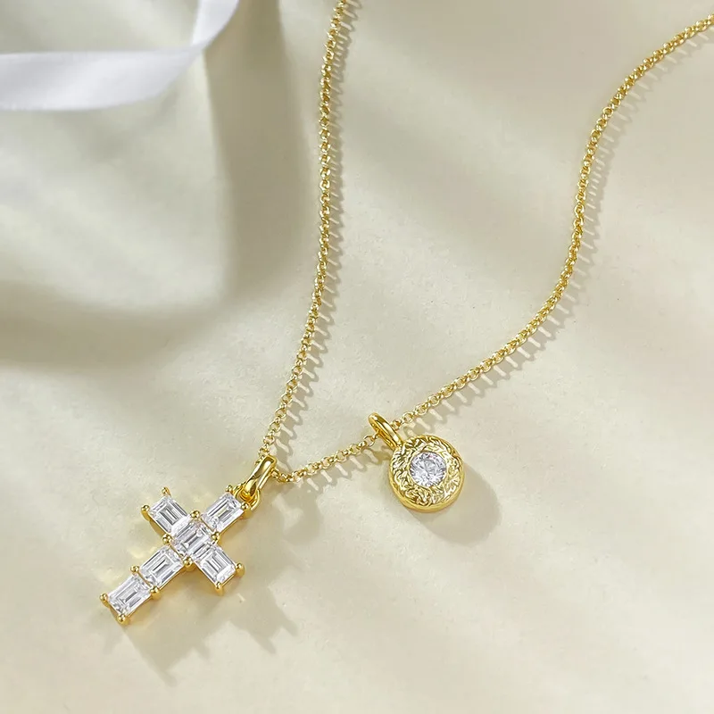 

New S925 Silver Rectangle 3 * 4 Cross Pendant Fashion Versatile Commuter Style Stretchable Necklace Live Broadcast Style