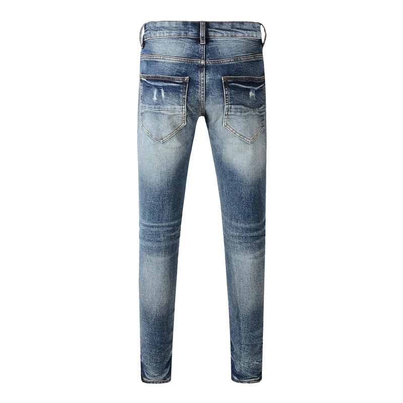 Men's Retro Washed Slim Fit Blue Jeans Elastic Waist Purple Leather Patch Tapered Y2K Style American Fashion Tight Jeans